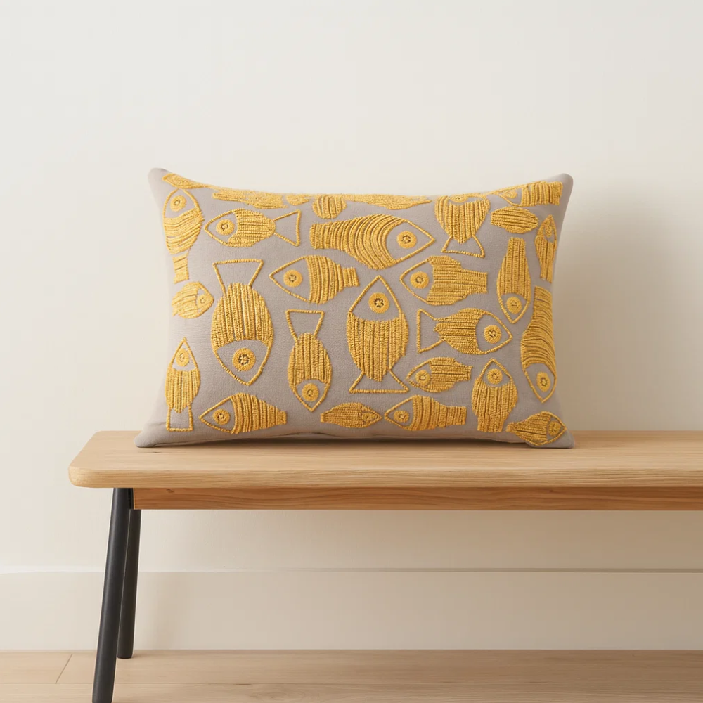 Yellow Fish Lumbar Cushion Cover – Hand Embroidered