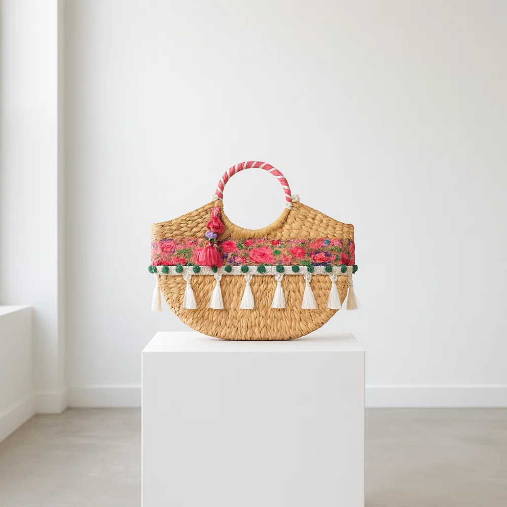 Floral Basket Woven Handbag – Cane Moon Bag for Women