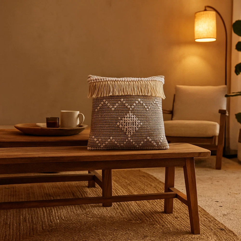 Ivory Accents Cotton Cushion Cover – Handwoven Grey Sofa Cushion Cover with Concealed Zip