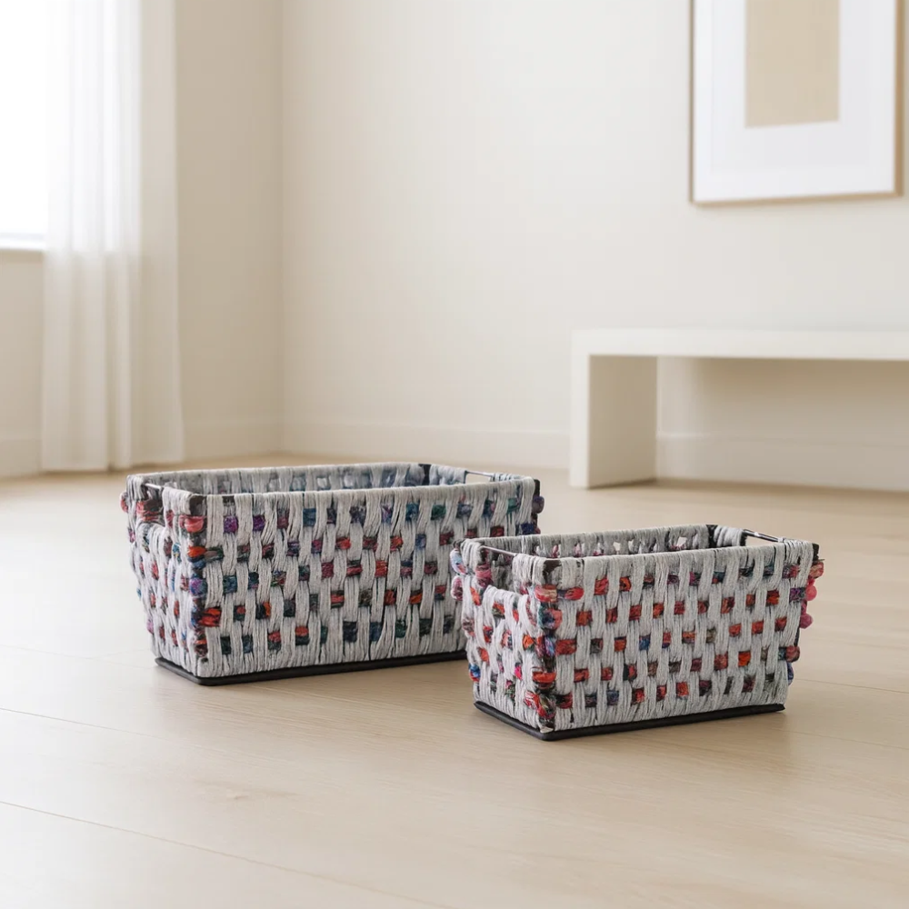 Cotton cord baskets flat lay