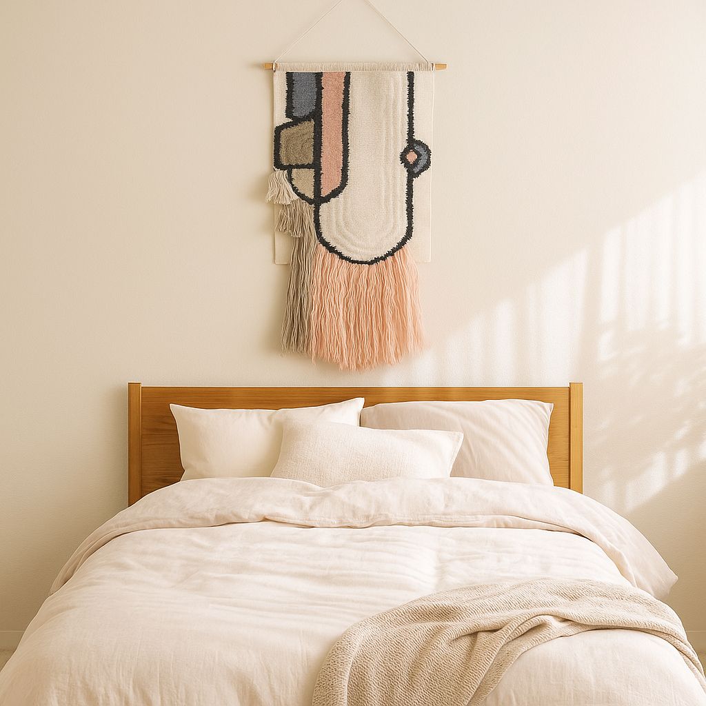 Pastel abstract wall hanging with cotton fringe – geometric boho decor for bedroom, nursery, or living room wall styling

