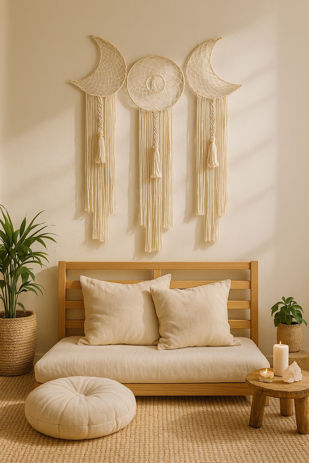 Celestial moon phase macrame wall decor – cream cotton boho wall hanging for bedroom, meditation corner, or entryway

