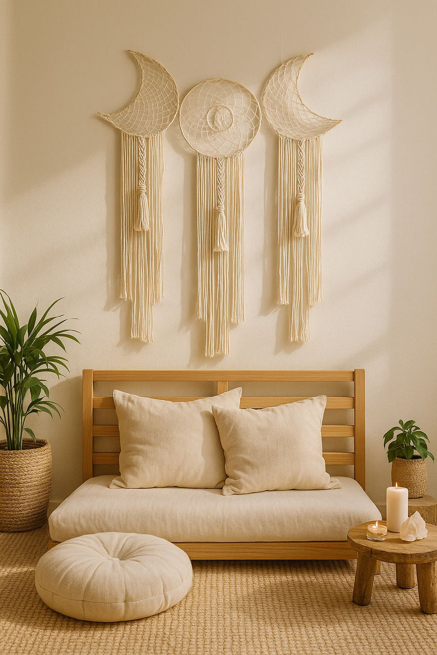 Celestial moon phase macrame wall decor – cream cotton boho wall hanging for bedroom, meditation corner, or entryway

