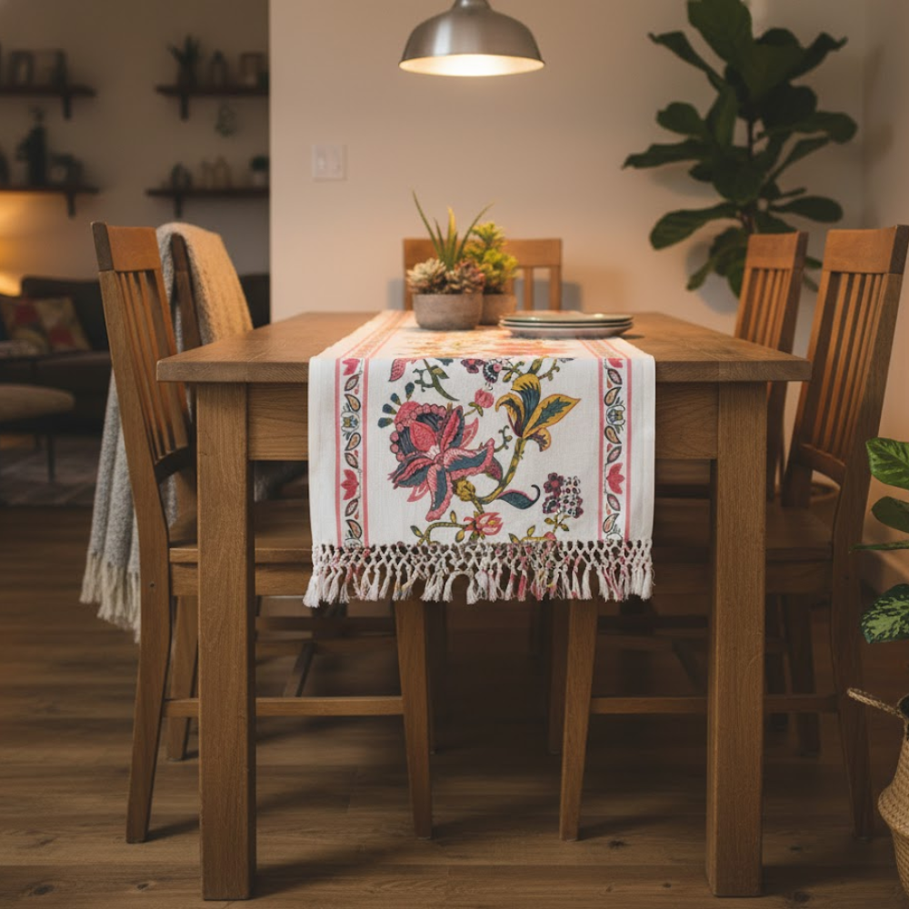 Floral Printed Cotton Table Runner with Tassels – Handwoven Artisan Dining Table Décor