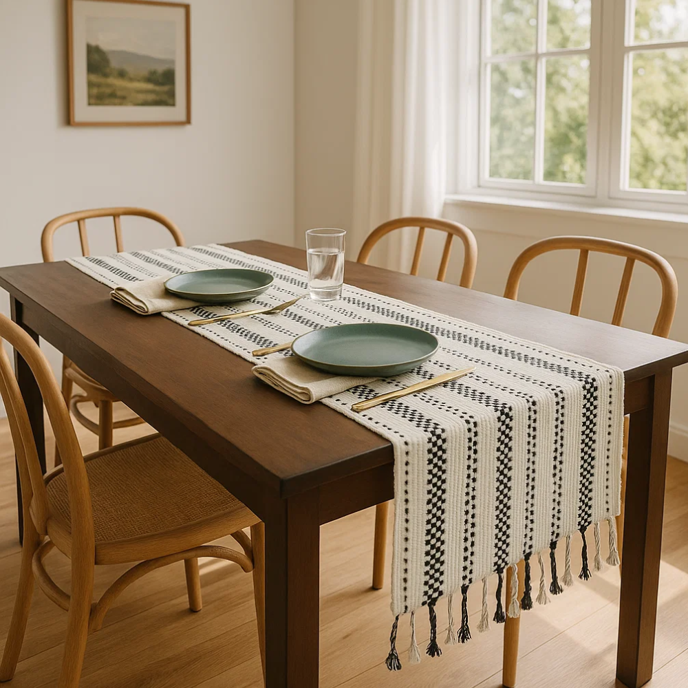 YarDyed Cotton Panelled Table Runner with Braided Tassels – Handwoven 100% Cotton Dining Table Runner