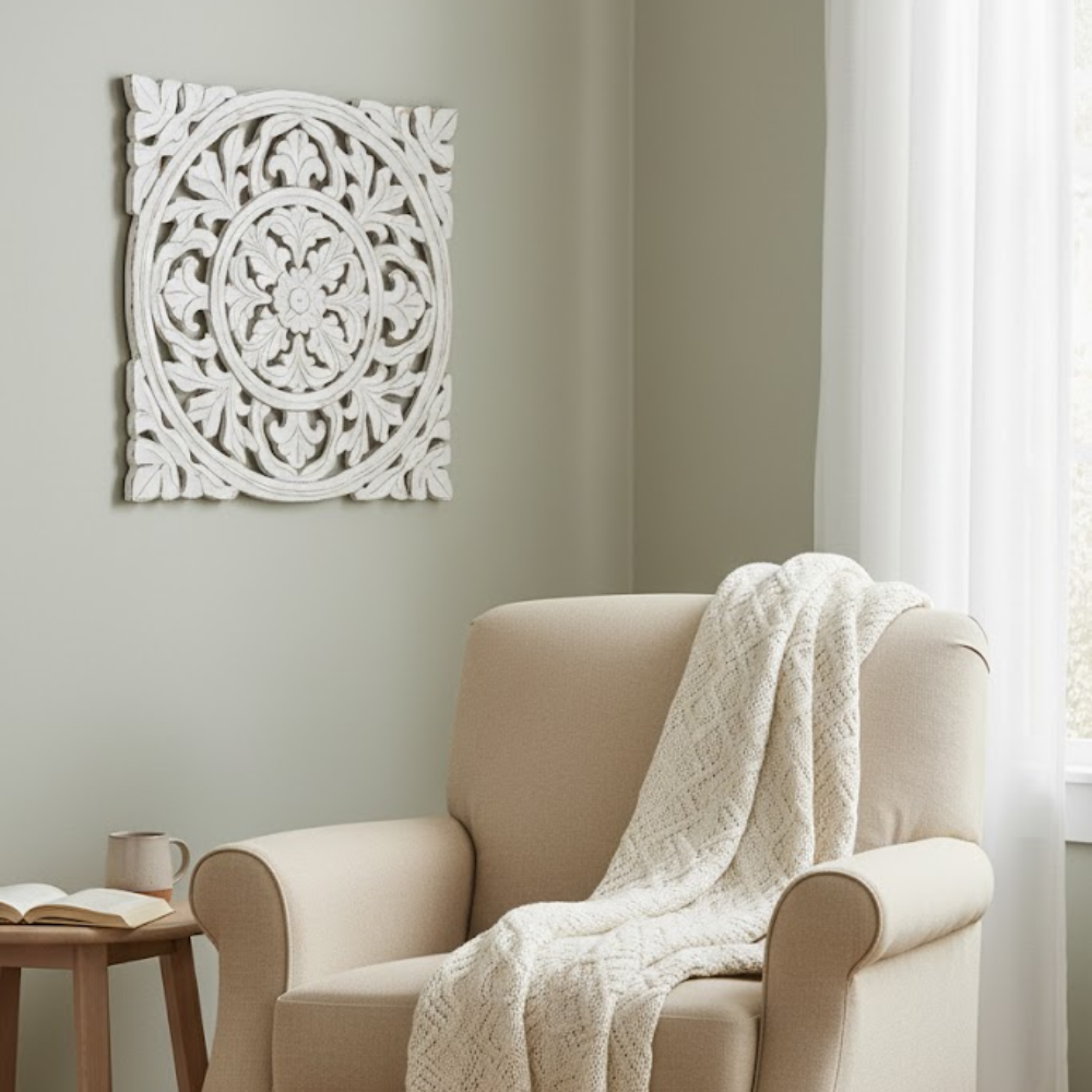 Ivory Medallion Distressed Wall Plaque – Vintage Carved Boho Wall Décor