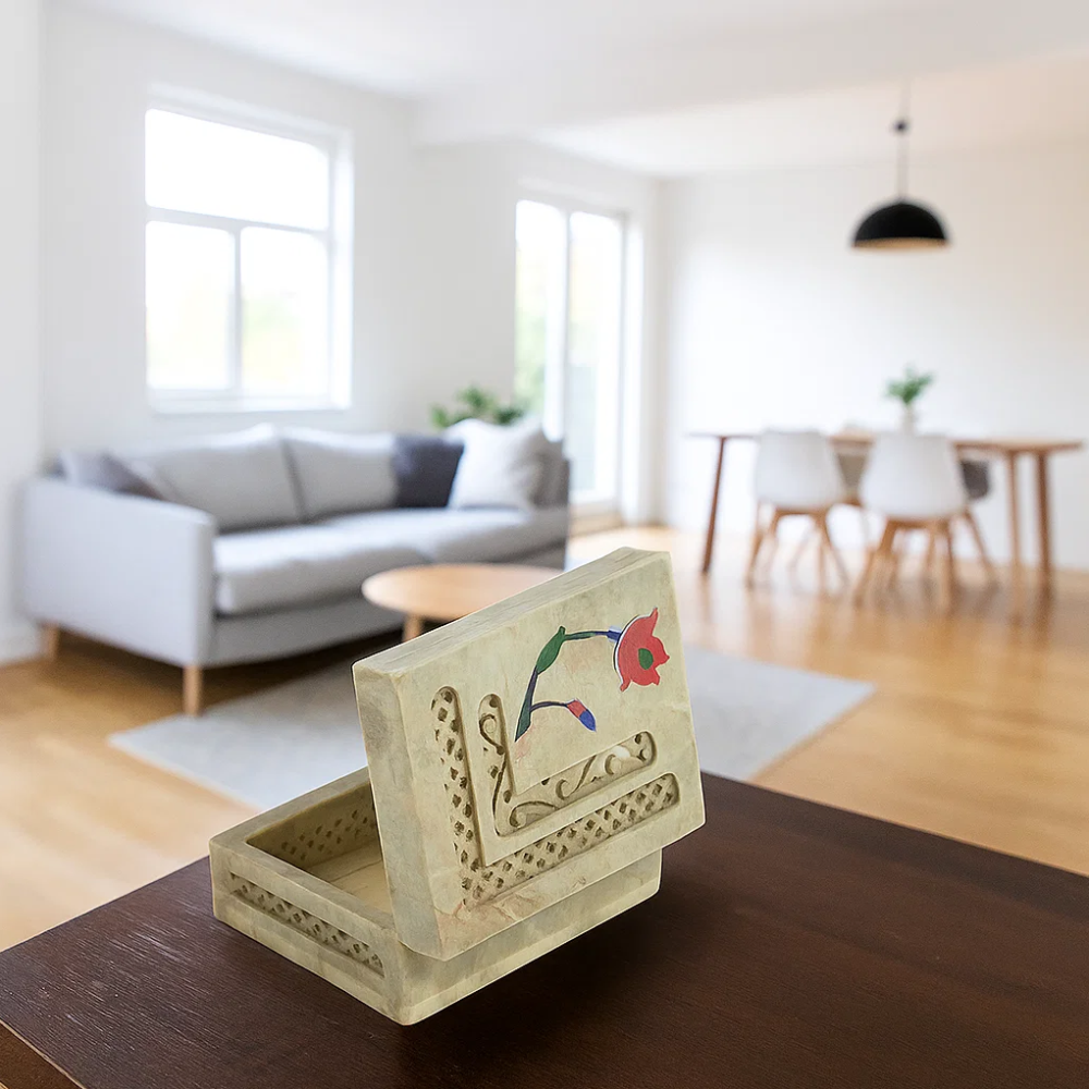 Inlaid Semi-Precious Stone & Lattice Cut Soapstone Jewelry Box