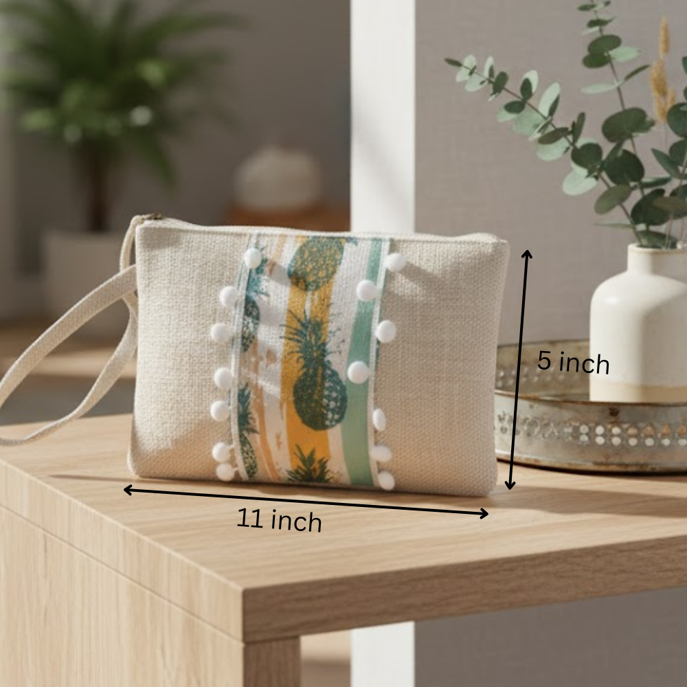 Pompom-Lined Tropical Jute Wristlet