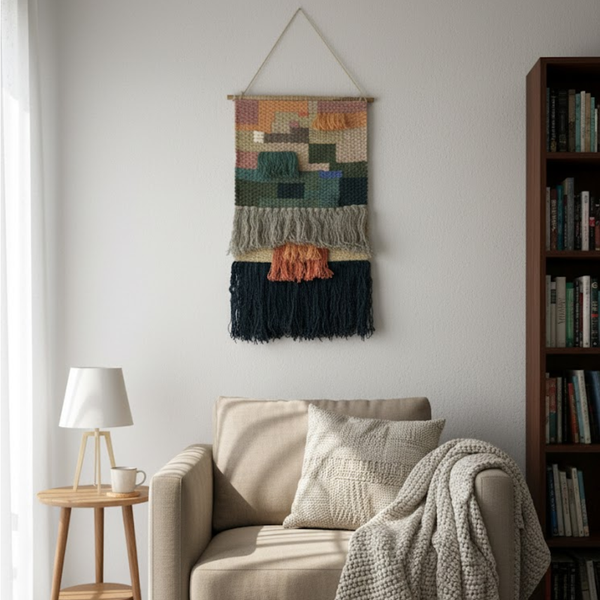 Earthy Diamond Wool Wall Hanging | Handwoven Boho Fringe Decor