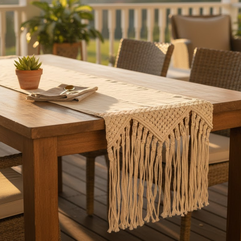 Border Macrame Fringed Off-White Table Runner