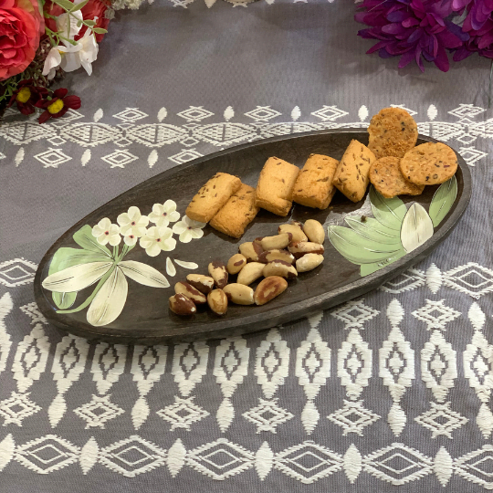 Enameled Floral Magnolia Wooden Serving Platter