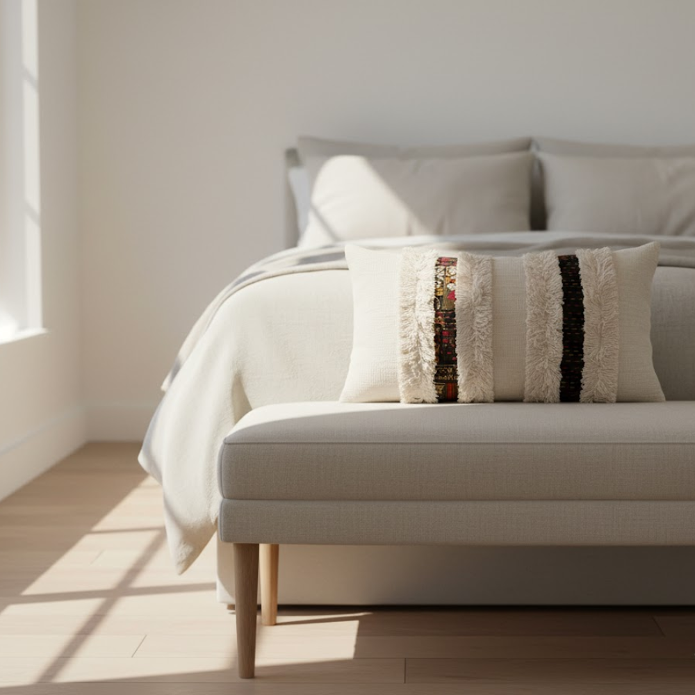 Handmade Shaggy Lace Cotton Cushion Cover – Artisan Cotton Cushion with Boho Lace Detailing