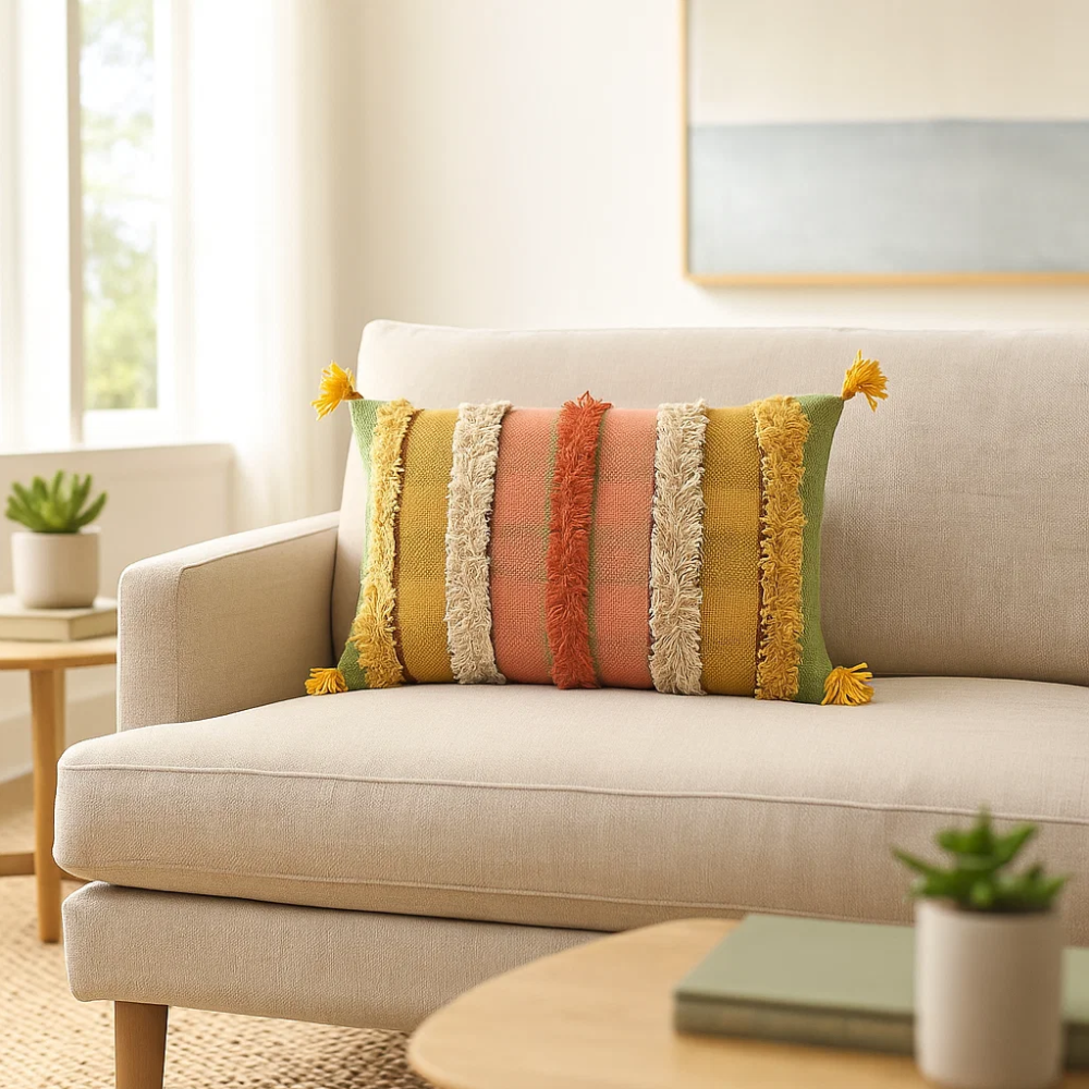 Striped Cotton Tasseled Cushion Cover – Artisan Cotton Cushion Cover for Modern Homes