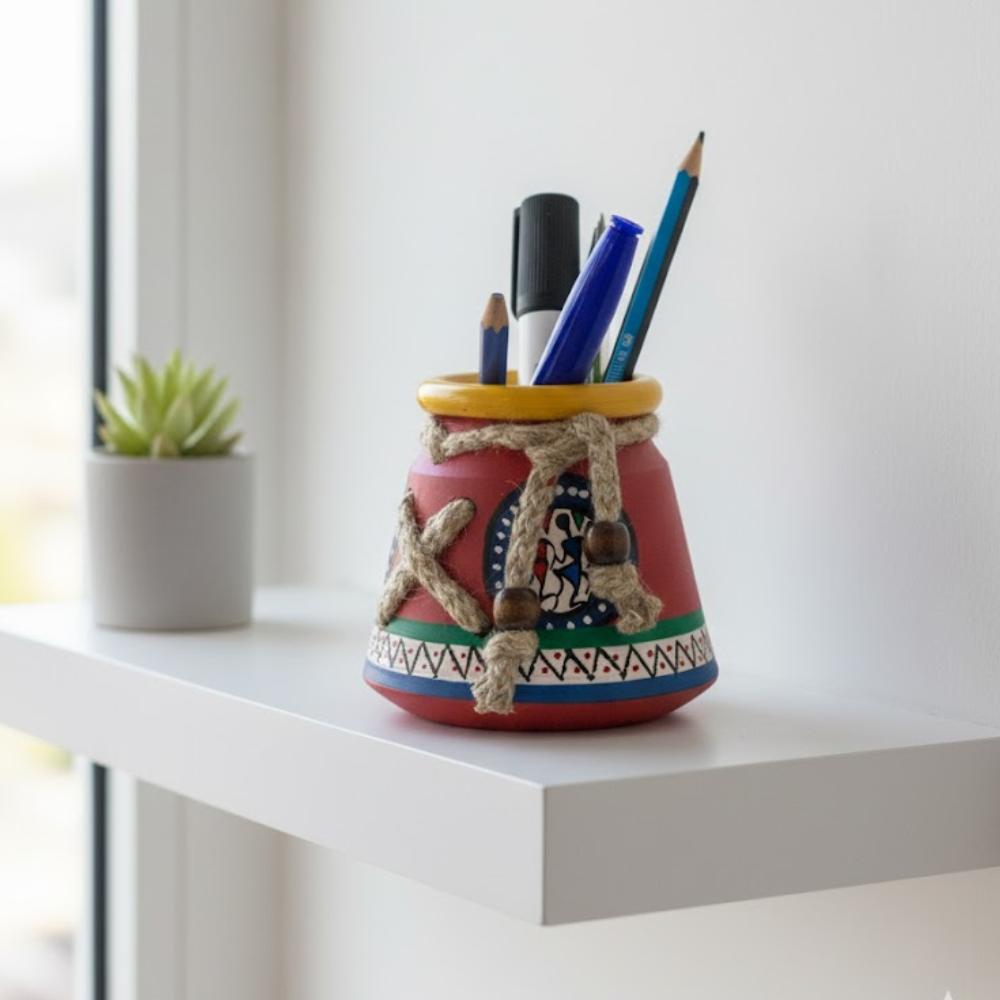 Hand Painted Clay Tribal Pen Stand – Artisan Clay Desk Organizer with Folk Art Motifs & Jute Rope Detailing