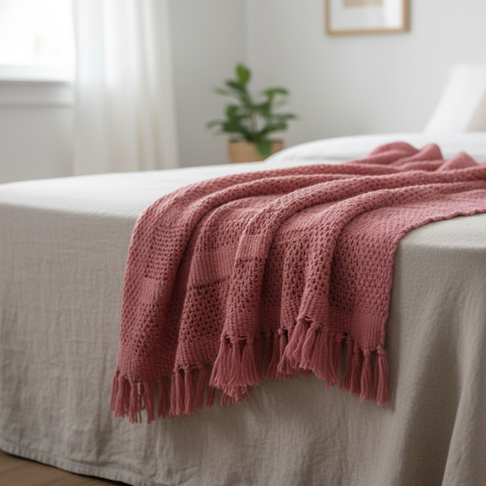Knitted Coral Red Tasseled Throw – Handwoven Cotton Blanket with Vibrant Color & Tassel Detailing