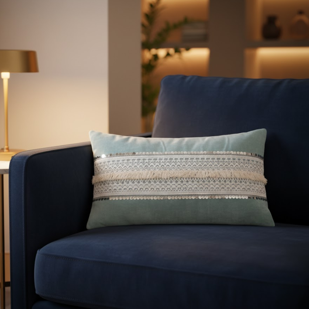Lace & Sequin Embellished Powder Blue Lumbar Cotton Cushion Cover – Handcrafted Sofa Cushion Cover