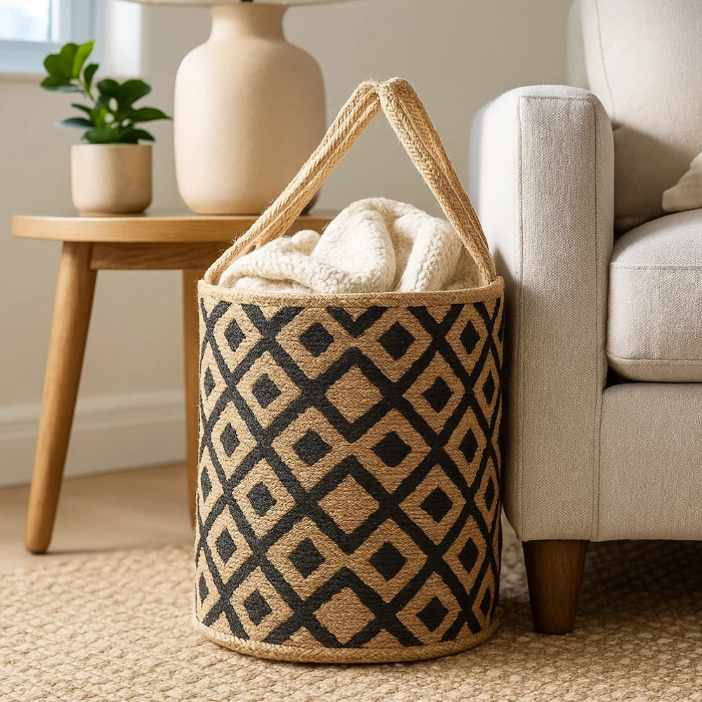 Handloom Jute Diamond Patterned Storage Basket