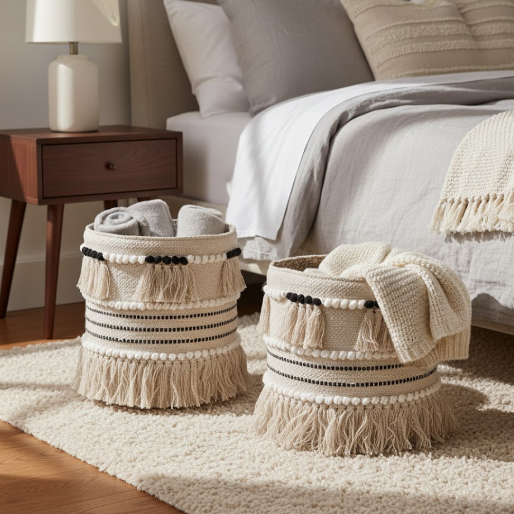 Jute & Fringed Cotton Basket – Handwoven Eco-Friendly Cotton Basket