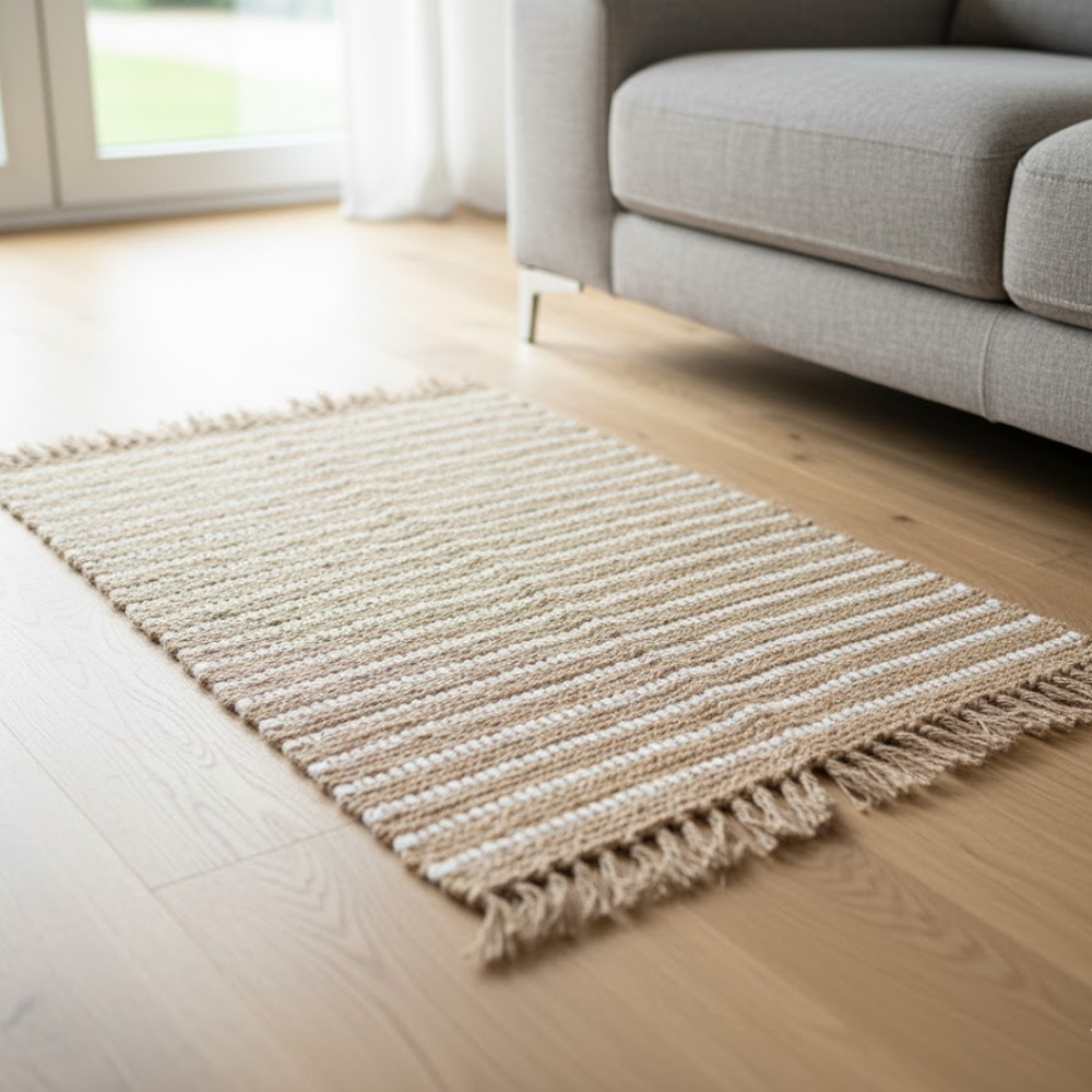 Handwoven Sandy Jute Striped Fringe Rug – Artisan Boho Rug with Rug Fringe Detailing