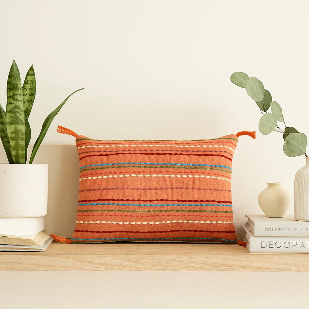 Striped & Tasseled Slub Coral Lumbar Cotton Cushion Cover – Hand-Embroidered Sofa Cushion Cover