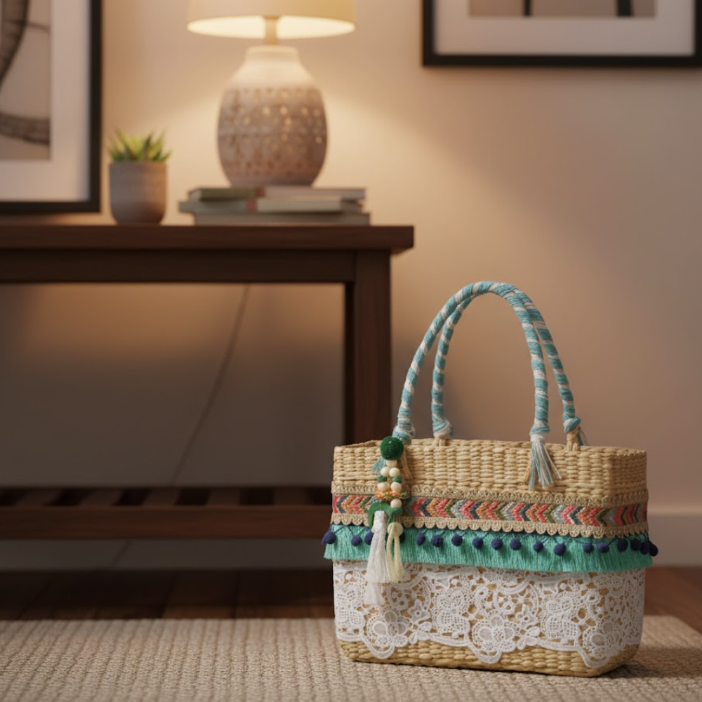 Lace Work Basket Woven Cane Turquoise Handbag – Handcrafted Eco-Friendly Cane Basket Bag