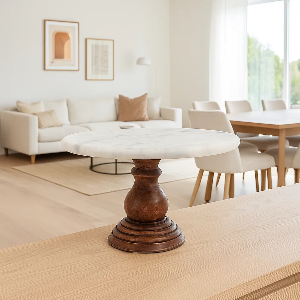 White Marble Cake Stand with Mango Wood Base – Handcrafted Luxury Serveware for Cakes & Desserts