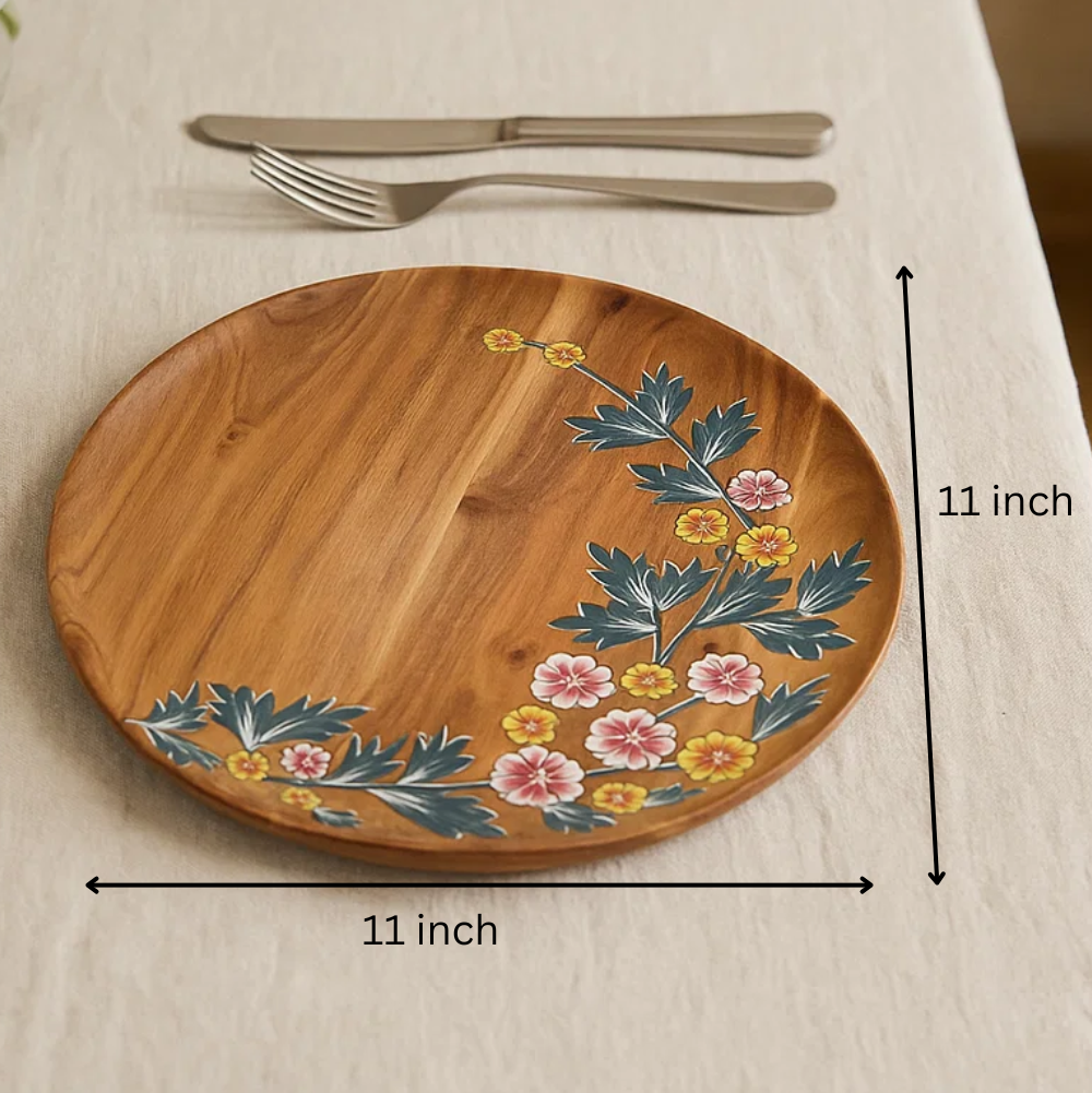Floral Hand Printed Acacia Wood Plate