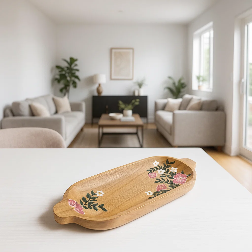 Hand Painted Floral Elongated Mango Wood Platter