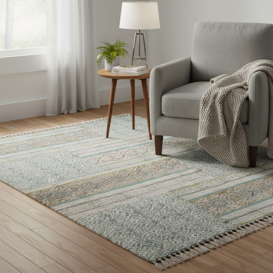 Hand Embroidered Block Printed Cotton Maximal Fringed Rug