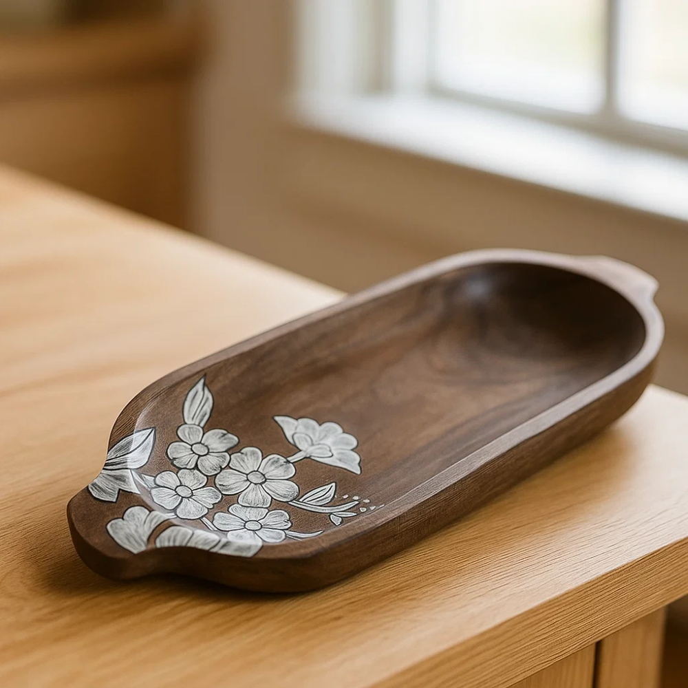 Hand Painted  Floral-Sketch Elongated Mango Wood Platter