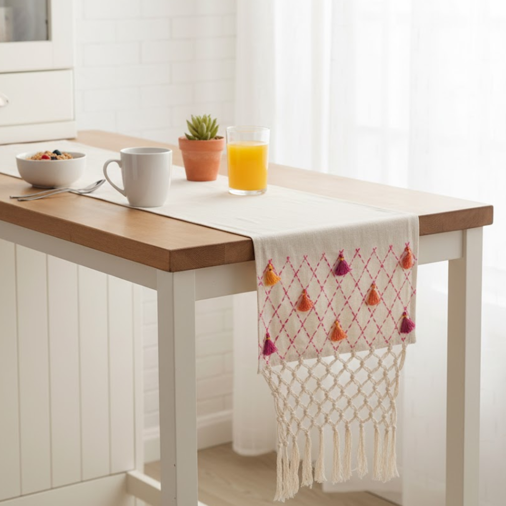 Handwoven Tassels & Net Design Cotton Table Runner