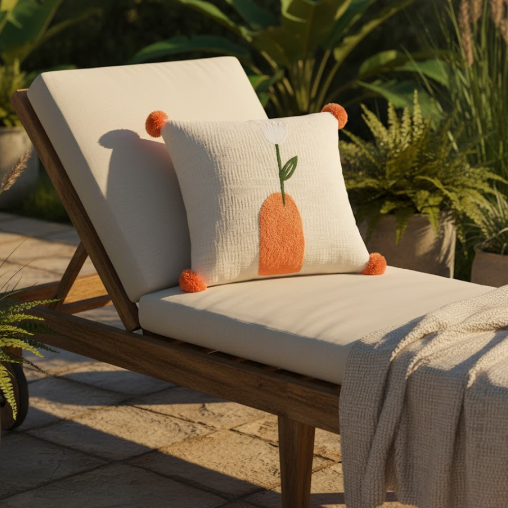 Embroidered Tropical Tulip Pom-Pom Cotton Cushion Cover – Handcrafted Sofa Cushion Cover with Embroidery