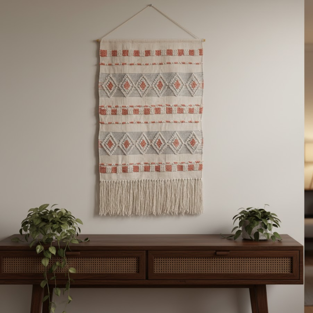 Handwoven Wool & Cotton Geometric Terra Fringed – Wall Hanging