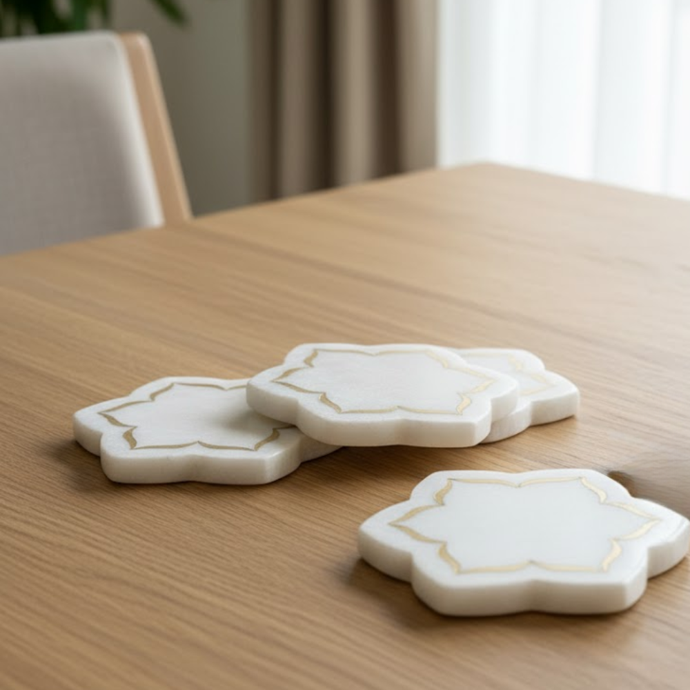 Inlaid Marble Mughal Blossom Coasters – Set of 4 Handcrafted