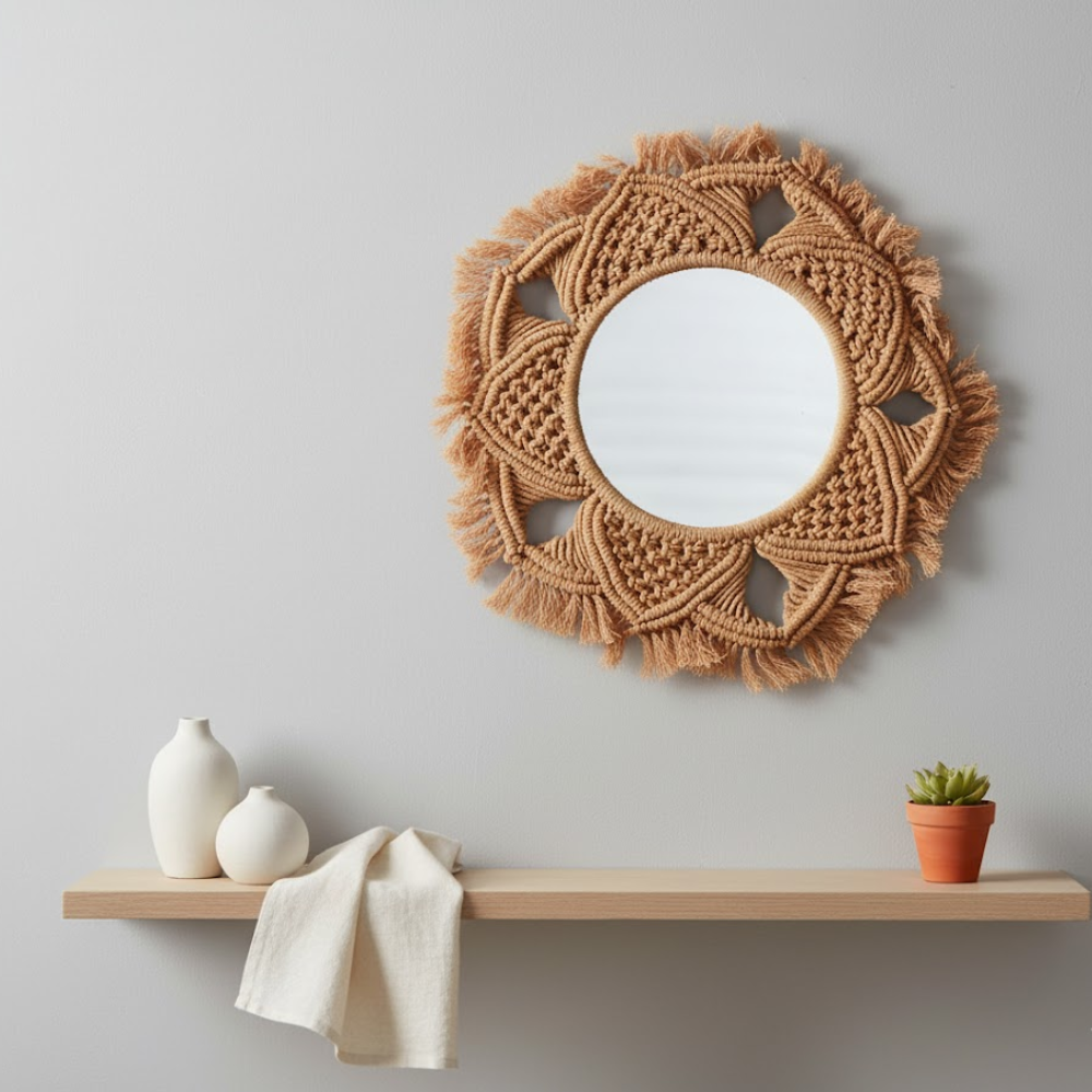 Hand Knotted Honey Macrame Star Wall Mirror