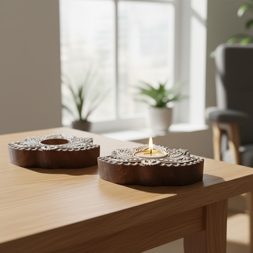 Hand Carved Wooden Lotus Tealight Holders (Set of 2) – Artisan Wooden Candle Holders with Tribal-Inspired Lotus Design