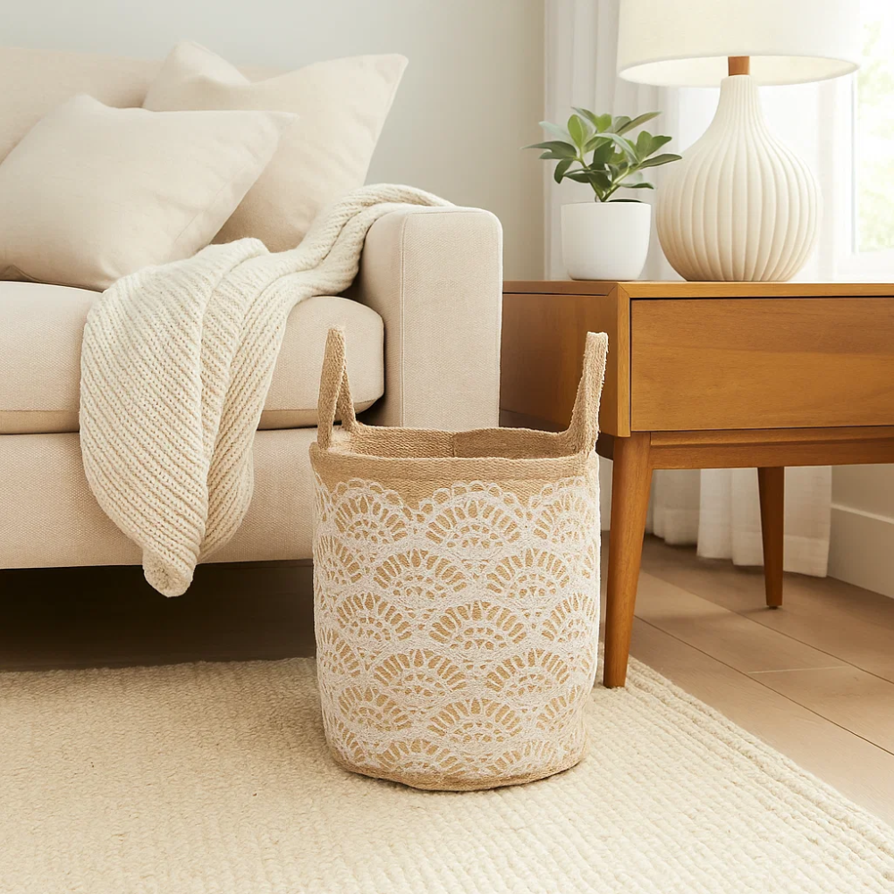 Handwoven Floral Printed Jute Basket – Eco-Friendly Artisan Jute Basket for Storage & Décor Gleemium