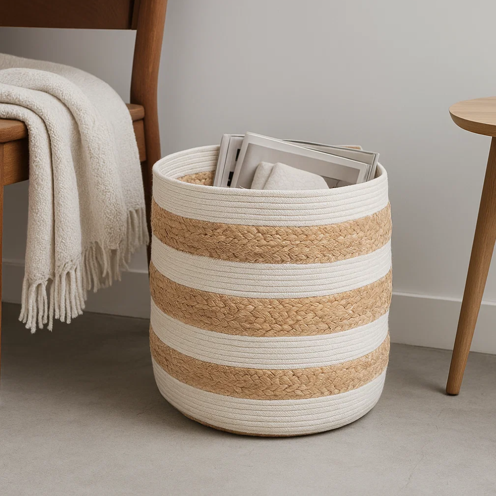 Hand Braided Monochrome Jute & Cotton Basket