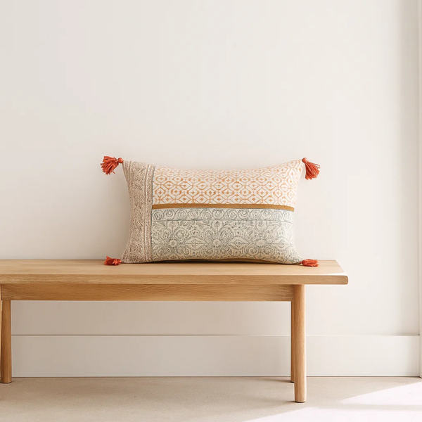 Floral Lumbar Cushion Cover | Block Printed Tasseled Cotton Boho Decor
