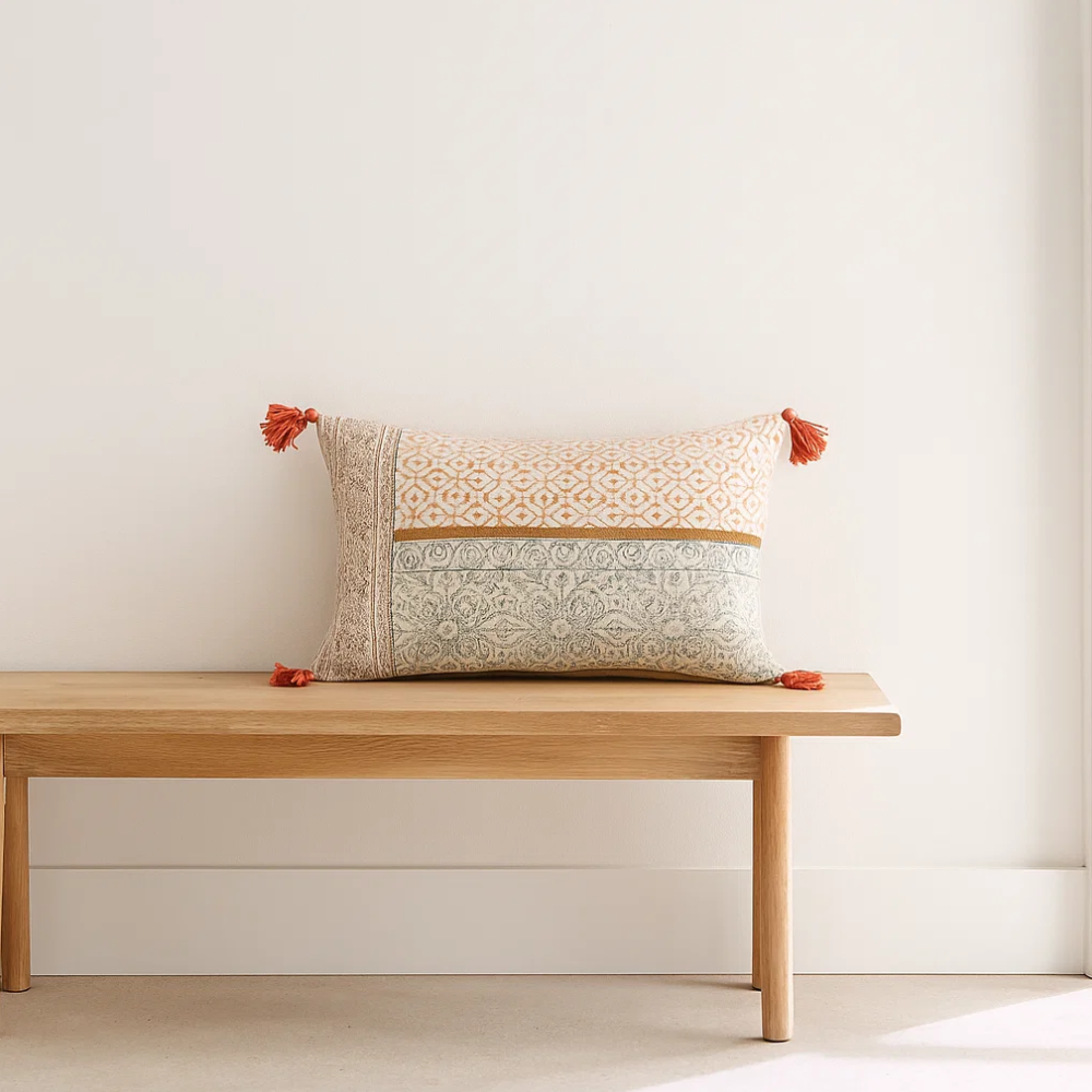 Block Printed Floral Tasseled Lumbar Cotton Cushion Cover