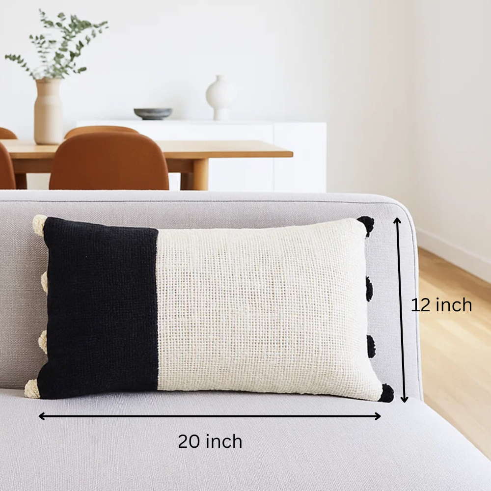 Colorblock Lumbar Cotton Cushion Cover – Handwoven White Sofa Cushion Cover with Concealed Zip (20x12 in)