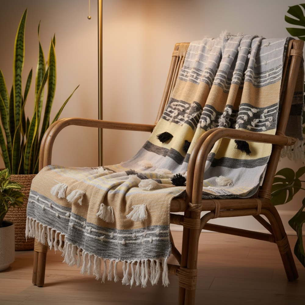 Statement Paneled Handloom Cotton & Wool Throw with Tassels
