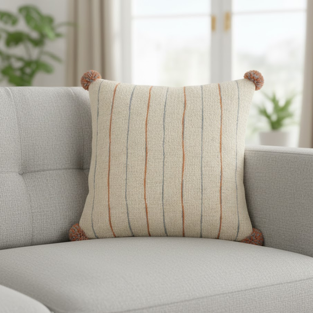 Line & Pom Pom Accent Cotton Cushion Cover – Handwoven Sofa Cushion Cover with Concealed Zip