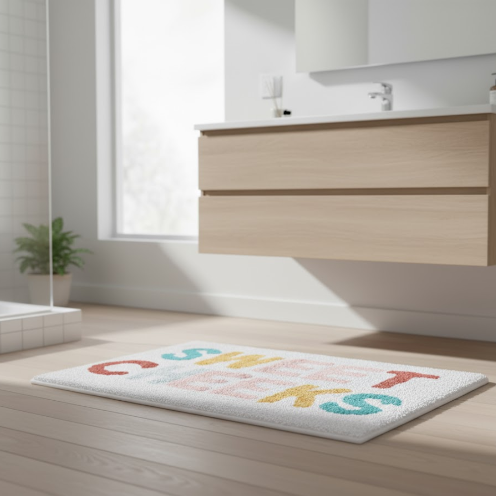 Quirky Typography Tufted Cotton Bathmat – Handcrafted Eco-Friendly Cotton Bath Mat
