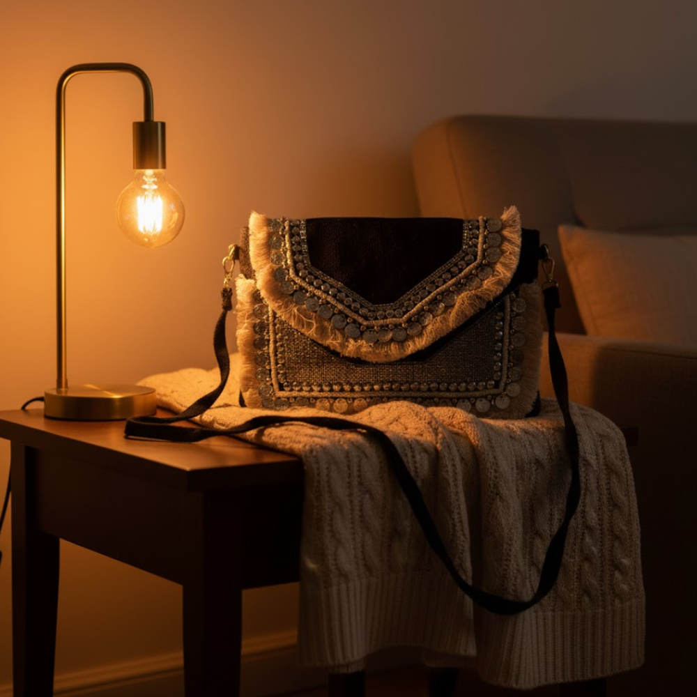 Metallic Embellished & Fringed Black Jute Sling Bag