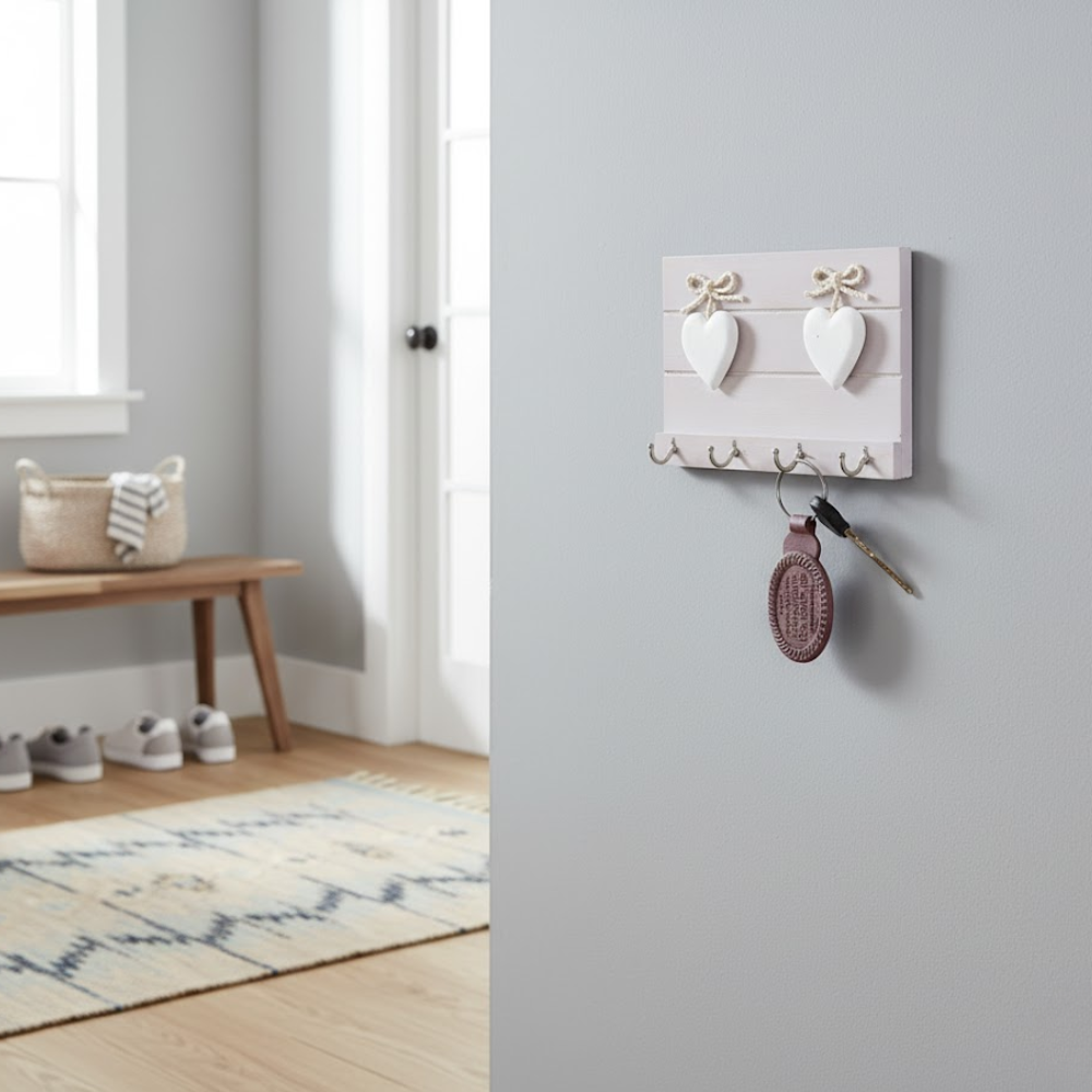 Distress Painted Wooden Ivory Heart 4‑Key Hanger