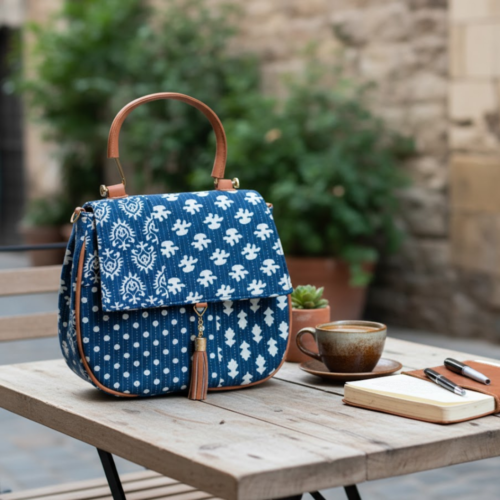 Floral Indigo Printed Handbag with Tassel