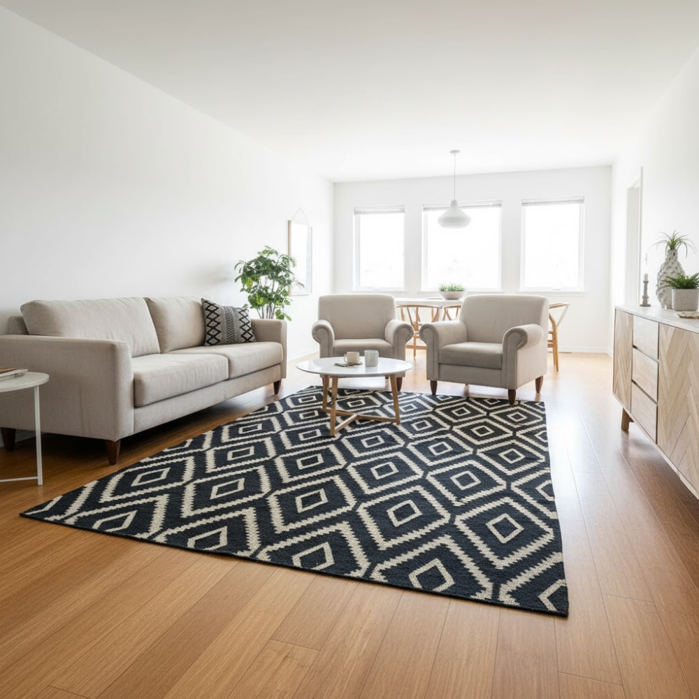 Handwoven Cotton & Jute Diamond Monochrome Rug