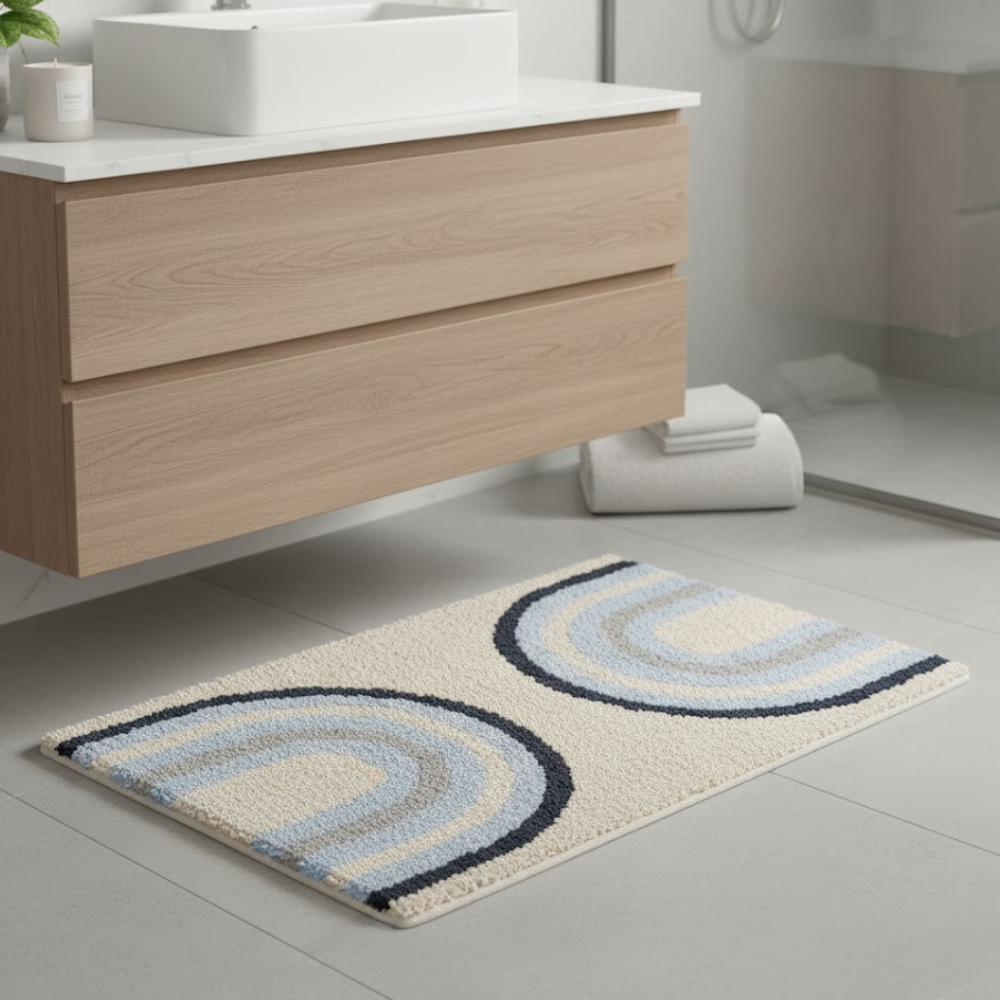 Tufted Blue Breeze Cotton Bath Mat – Handwoven & Hand-Tufted Eco-Friendly Bathroom Rug