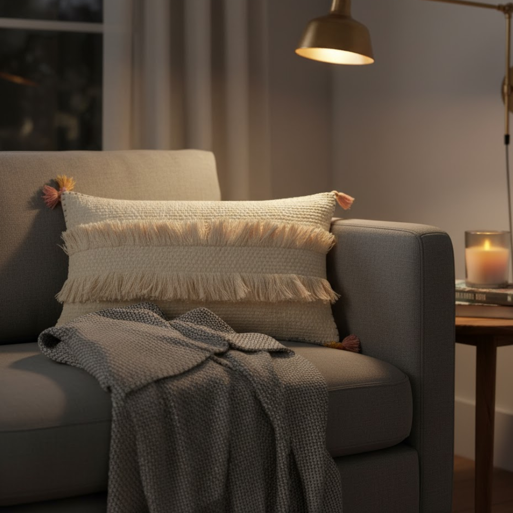 Handwoven Fringed Lumbar Cotton Cushion Cover – Artisan Decorative Sofa Cushion Cover